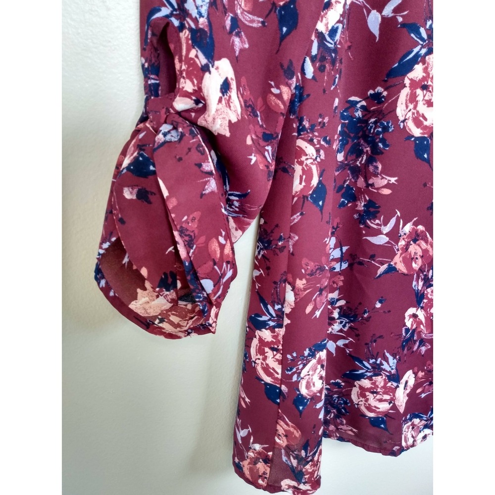 Romantic Dark Florals Lace Back Keyhole Burgundy Long Sleeve Dress Tunic Small - Picture 2 of 10